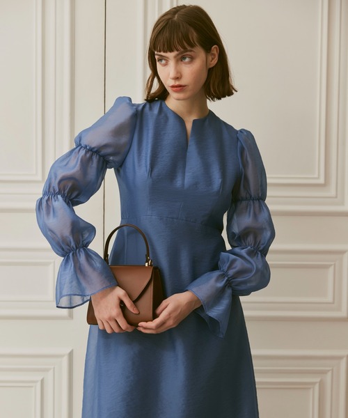 etoll. ジャガードパフスリーブドレス☆グリーン☆エトル☆結婚式