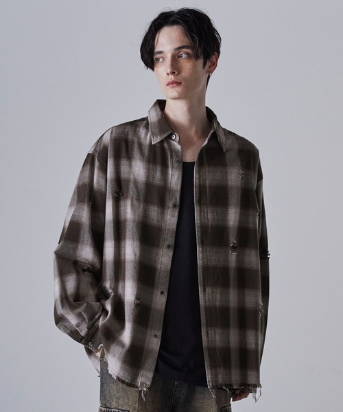 CLEL ヴィンテージデザインダメージチェックシャツ ブラック S CLEL シャツ 「CLEL」Vintage Design Damage Check Shirt
