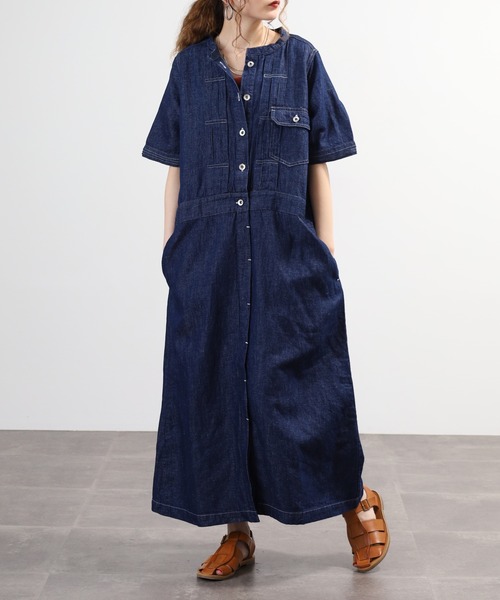 UBASOKU | ubasoku リネンコットン ドット刺繍バンドカラーギャザー