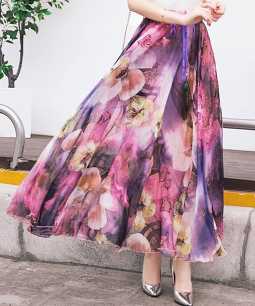 PITTOK | 花柄シースルーシアーグラデーションマキシ丈フレア