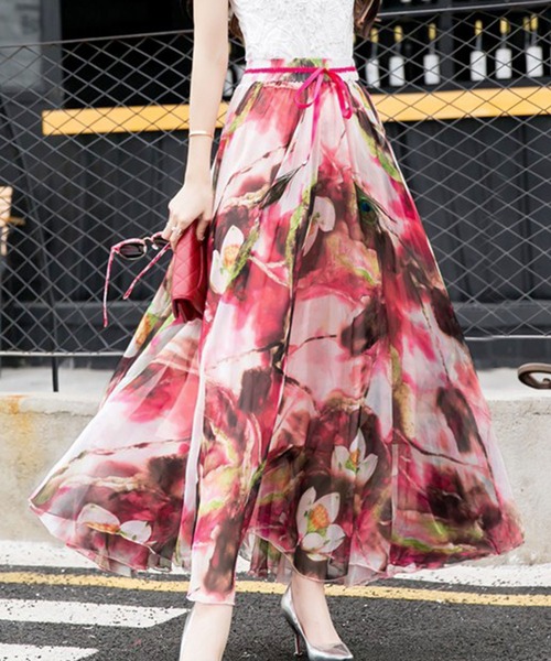 PITTOK | 花柄シースルーシアーグラデーションマキシ丈フレア