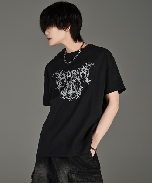 GRANCY ラインストーンクラックダーティ半袖Tシャツ ブラック L 【公式