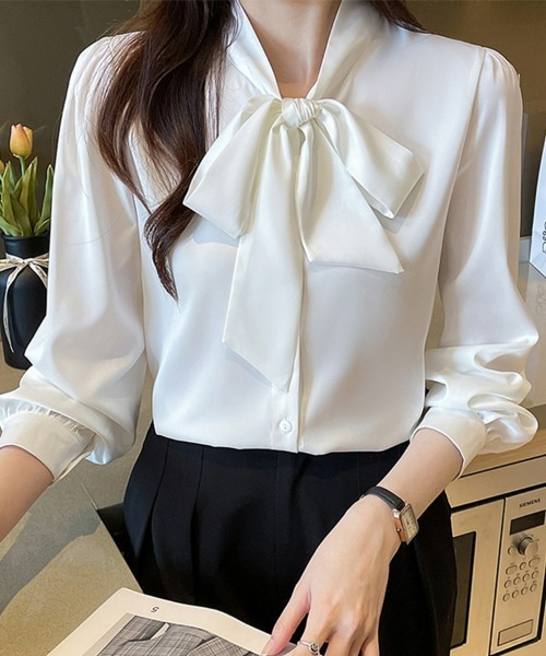 レディース ドゥロワー コットンストライプ リボンブラウスベージュ 