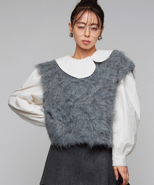 ナルシスファー付きジャケット ナルシス グレー ファーコート ジッパー付き （Women's, Grey