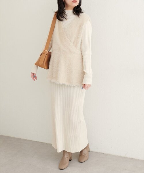 NATURAL COUTURE | フェザーペプラムベスト+リブタイトワンピースSET