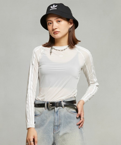 [ADIDAS] Tシャツ 長袖 ルーシュ 3S シアー ホワイト ADIDAS | ルーシュ スリーストライプス入りシアー長袖Tシャツ