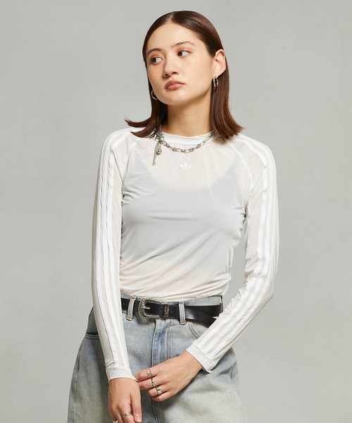 [ADIDAS] Tシャツ 長袖 ルーシュ 3S シアー ホワイト ADIDAS | ルーシュ スリーストライプス入りシアー長袖Tシャツ