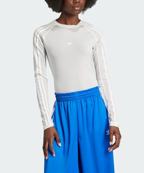 [ADIDAS] Tシャツ 長袖 ルーシュ 3S シアー ホワイト ADIDAS | ルーシュ スリーストライプス入りシアー長袖Tシャツ