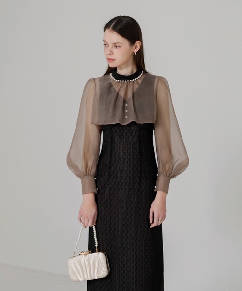 リボン付きパフスリーブシアーボレロ刺繍レースマーメイドシルエット