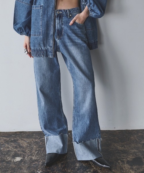 は*】様 【GRANCY】スウェットドッキングデザインダメージバギーデニムパンツ GRANCY】Sweat Docking Design Damage Buggy Denim Pants