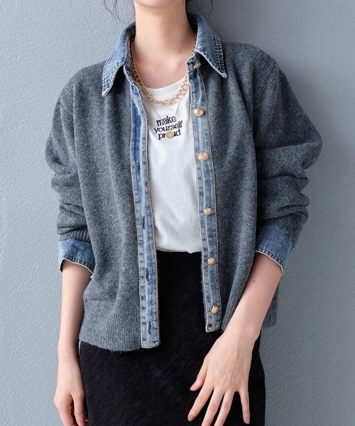 専用　デニム×ニット　素材切り替え　カーディガン REJOULE | 異素材切り替え デニムドッキングニットカーディガン