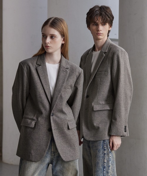 CLEL | 【CLEL】Wool Blend Herringbone Tweed Tailored Jacket