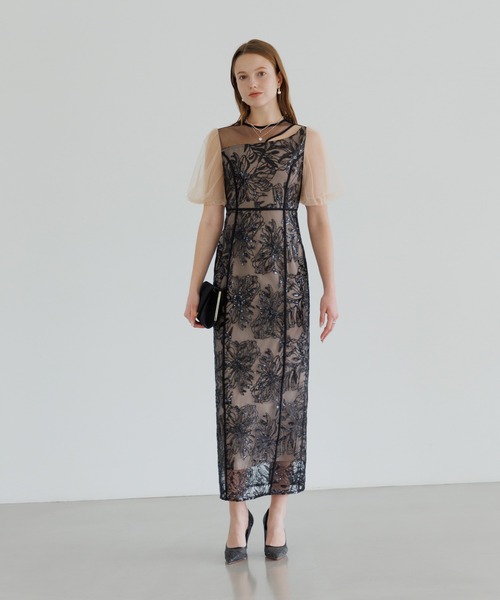 LEJA アシンメトリーシアーフラワーワンピースドレス グリーン　M 当日発送】アシンメトリーシアーフラワーワンピース結婚式ドレス