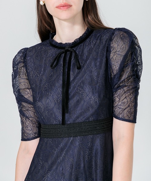 leja 総レース袖シアーレイヤードウエストマークリボンAラインロング丈