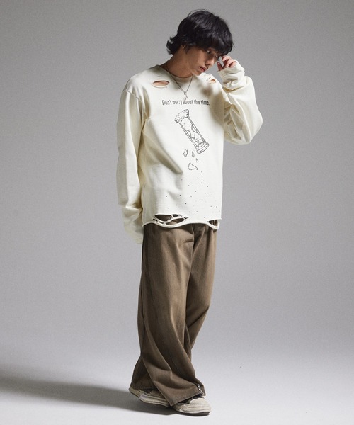 GRANCY 総柄ラインストーングラフィックロンTホワイト系M メンズ