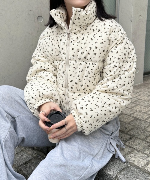 グレー 花柄 ダウンジャケット