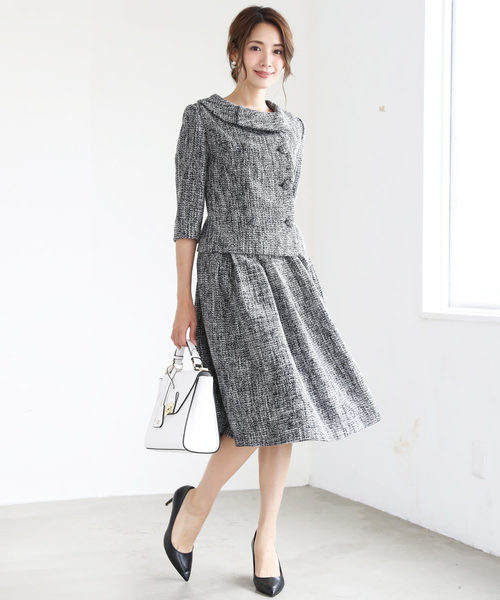 完売 ロールカラーツイードトップス フレアスカート スカートスーツ上下 Alrc Asia