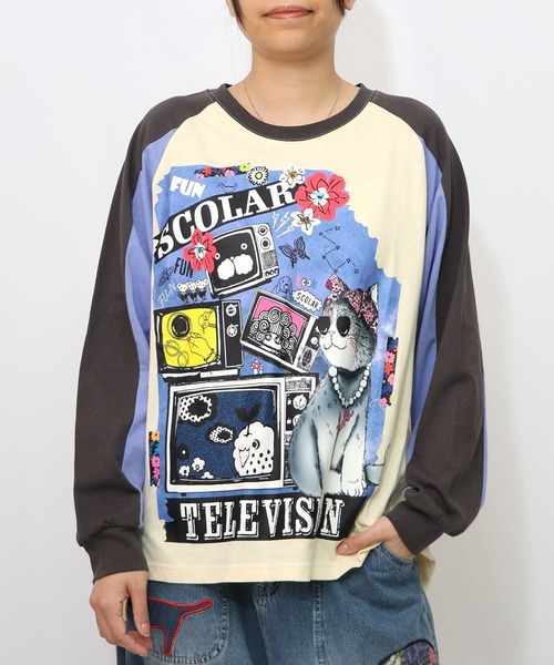 scolar スカラー　153616：ネコとテレビ柄ロンT ScoLar Tシャツ 新作 スカラー 153616 ネコとテレビ柄ロンT