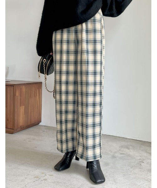 ネメス　変形パンツ　チェック 高身長 ストレッチチェックワイドパンツ 丈長め・トールサイズ
