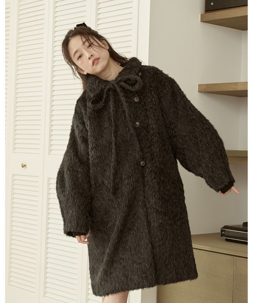 MOI TYTTO | 【取り外しリボン付き】シャギーミディ丈コート - Buyee