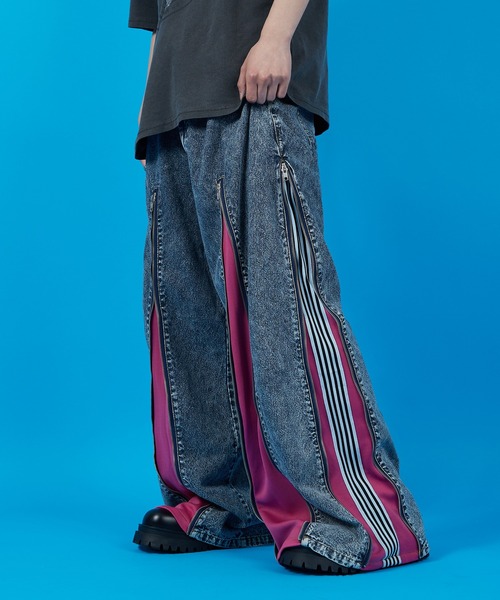 デニムワイドパンツ side line リメイク ジーンズ 「FVLMEN」remake side fringe line wide denim