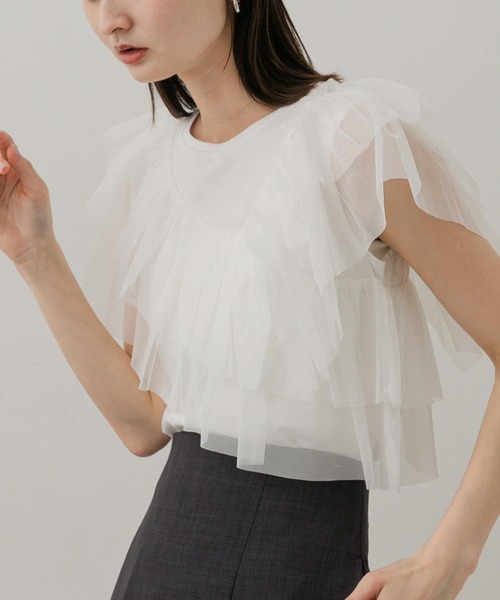 feather tulle knit T-shirt ホワイト SENEE SENEE feather tulle knit