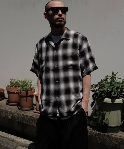 タウンクラフト　オンブレチェックシャツ　復刻　60s 開襟シャツ　長袖　ブラック タウンクラフト オンブレチェックシャツ 復刻 60s 開襟シャツ 長袖