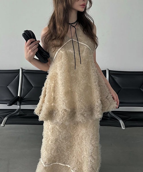 WILLFULLY | circle tulle motif balloon peplum nosleeve tops