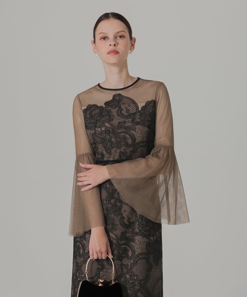 ビスチェ風ハイネック花柄シアーレースワッフルドレス レジャ Leja