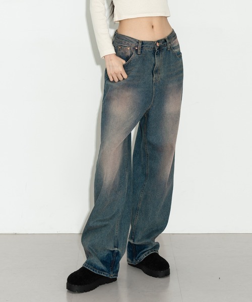 FOLLOWIN ビンテージウォッシンググラデーションワイドデニムパンツ FOLLOWIN | 【UNISEX】ヴィンテージカラーウォッシングデニム