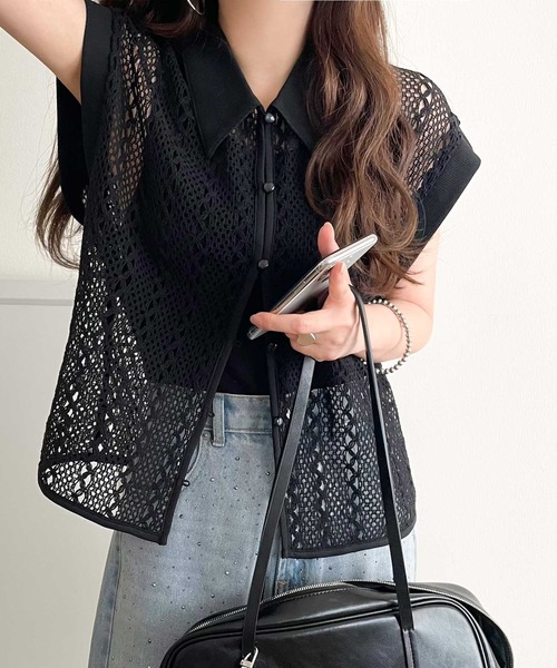 ベスト ジレ ジャガードペプラムジップジレ　/シアートップス　シアー　レース　レーストップス　レースシャツ　ジャガード　ウォッシャブル　無地　春服　夏 NAUL | ジャガードペプラムジップジレ /シアートップス シアー
