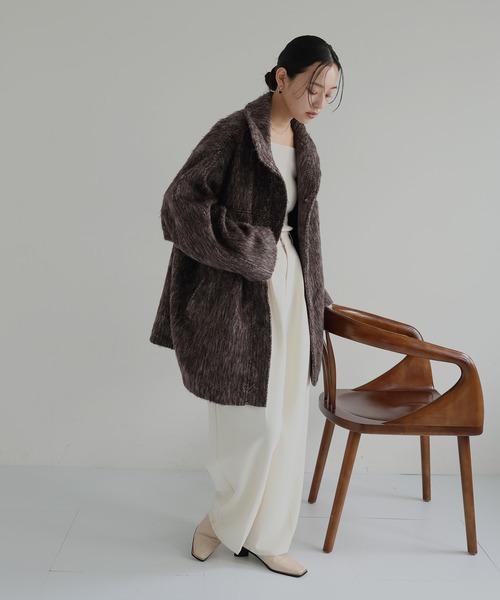 フンフン　hellam シャギースタンダードカラーコート　チャコール hellam｜シャギースタンドカラーコート | Rakuten Fashion(楽天