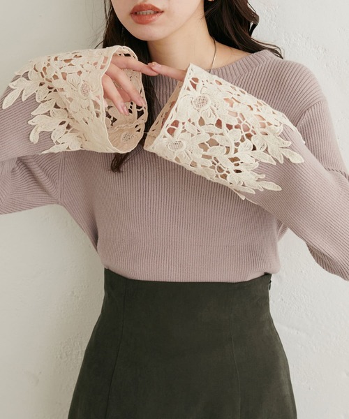 tシャツ 袖口レースリブニットプルオーバー レディース NATURAL COUTURE | 袖口レースリブニット - Buyee, an Online