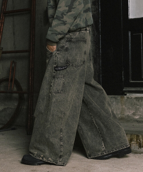 MandO】ストライプチェックバギーロールアップワイドパンツ