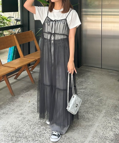 チュールカシュリボンキャミワンピース kutir ワンピース リボンチュールキャミワンピース レディース