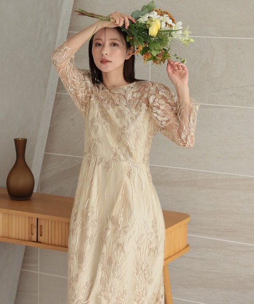 美品☆【PREFERIR】チュールレース袖リボン　M　オケージョンドレス PREFERIR | チュールレース 袖リボン 結婚式 パーティー