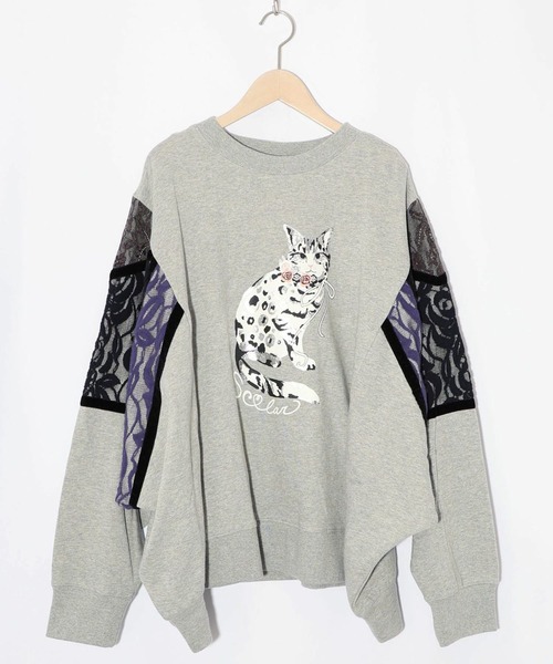 【NEW】スカラー（ScoLar）/ScoLar スカラー ネコ柄ミニ裏毛×起毛レース配色プルオーバー SCOLAR | ScoLar(スカラー) ネコ柄ミニ裏毛×起毛レース配色プル