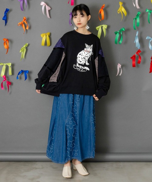 SCOLAR | ScoLar(スカラー) ネコ柄ミニ裏毛×起毛レース配色プル