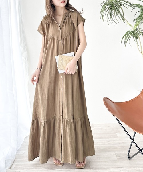 LEJA総レース花柄レイヤード配色フレア 美脚効果ロングワンピ