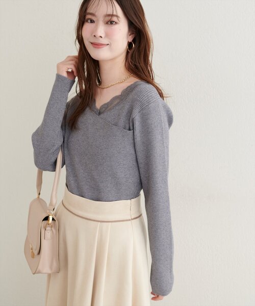 NATURAL COUTURE | アシメレースネックリブニットプルオーバー - Buyee