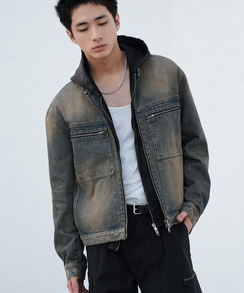 WYM LIDNM | VINTAGE WASHED DENIM ZIP MOTO JACKET - Buyee, an