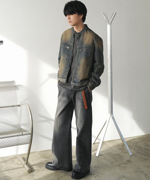 WYM LIDNM | VINTAGE WASHED DENIM ZIP MOTO JACKET - Buyee, an