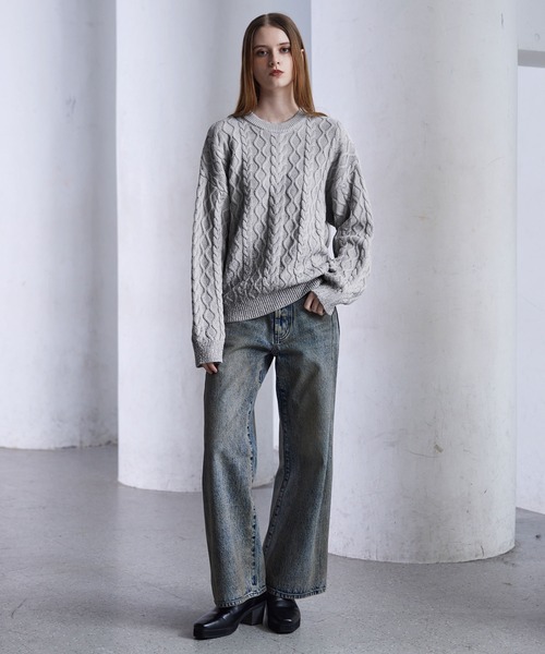 CLEL | 【CLEL】Foil Print Cable Crew Neck Knit / 箔プリント