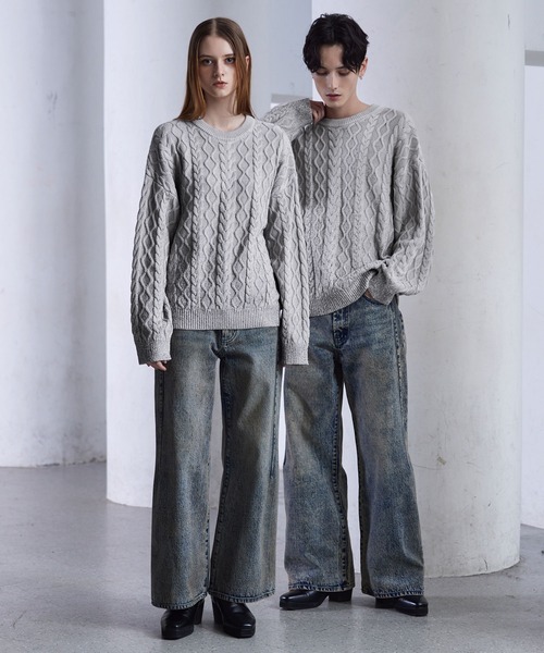 CLEL | 【CLEL】Foil Print Cable Crew Neck Knit / 箔プリント