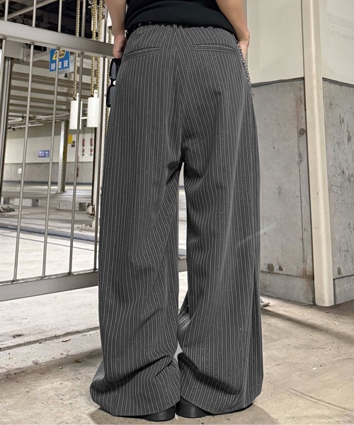 MandO ストライプバギースラックス/ロールアップワイドパンツ S グレー