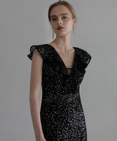 LEJA ドレス　パーティー　結婚式　二次会　 leja マーメイド　ワンピース LEJA】ビジューカラーフラワーフリルマーメイドワンピースドレス美脚