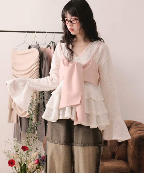 LOIN NUIT | line stone ribbon shirt / ラインストーンリボンシャツ