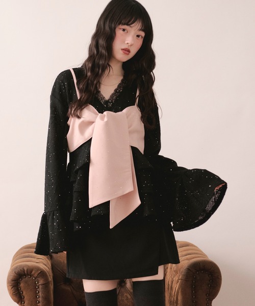 LOIN NUIT | line stone ribbon shirt / ラインストーンリボンシャツ