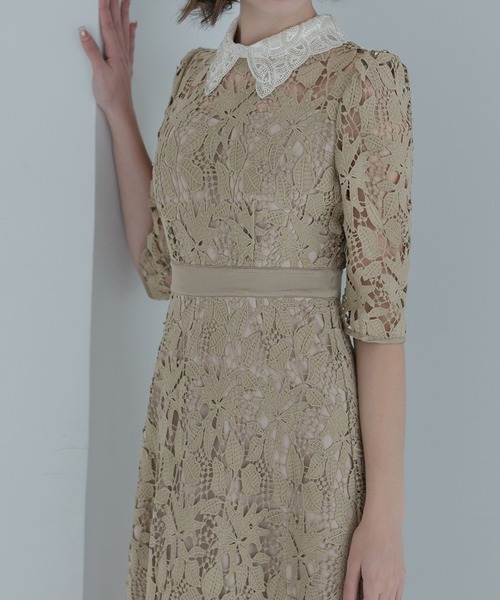 LEJA | 【LEJA】花柄レースビジューカラーAラインドレスワンピース美脚