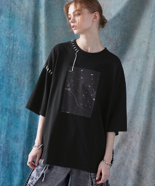 【SERACE】ハンドステッチルーズグラフィック半袖Tシャツ　Lサイズ　ブラック SERACE】Hand stitch loose graphic short sleeve t-shirt